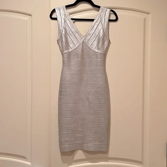 Herve Leger | Dresses | Herve Leger Silver Foil Dress Size Xs Fits 2 |  Poshmark